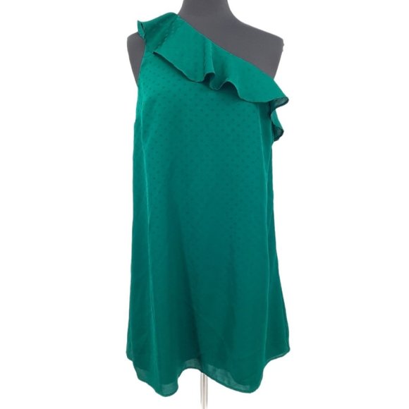 LOFT Dresses Loft Green Satin Silky Polka Dot One Shoulder Ruffle